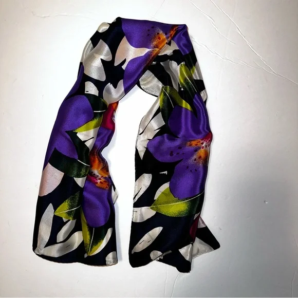 Echo Silk Scarf with Purple and Black Floral Design - Picture 4 of 4